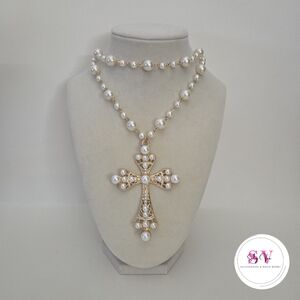 Gold and Pearl Cross Necklace